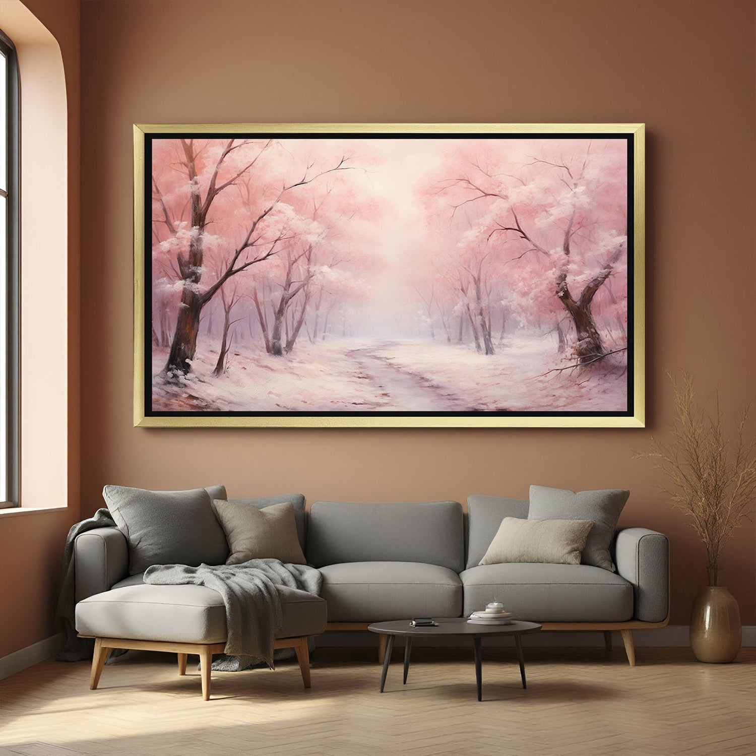 Hand painted canvas wall art of a dreamy pink forest pathway with golden floater frame, elegant landscape painting for living room decor.