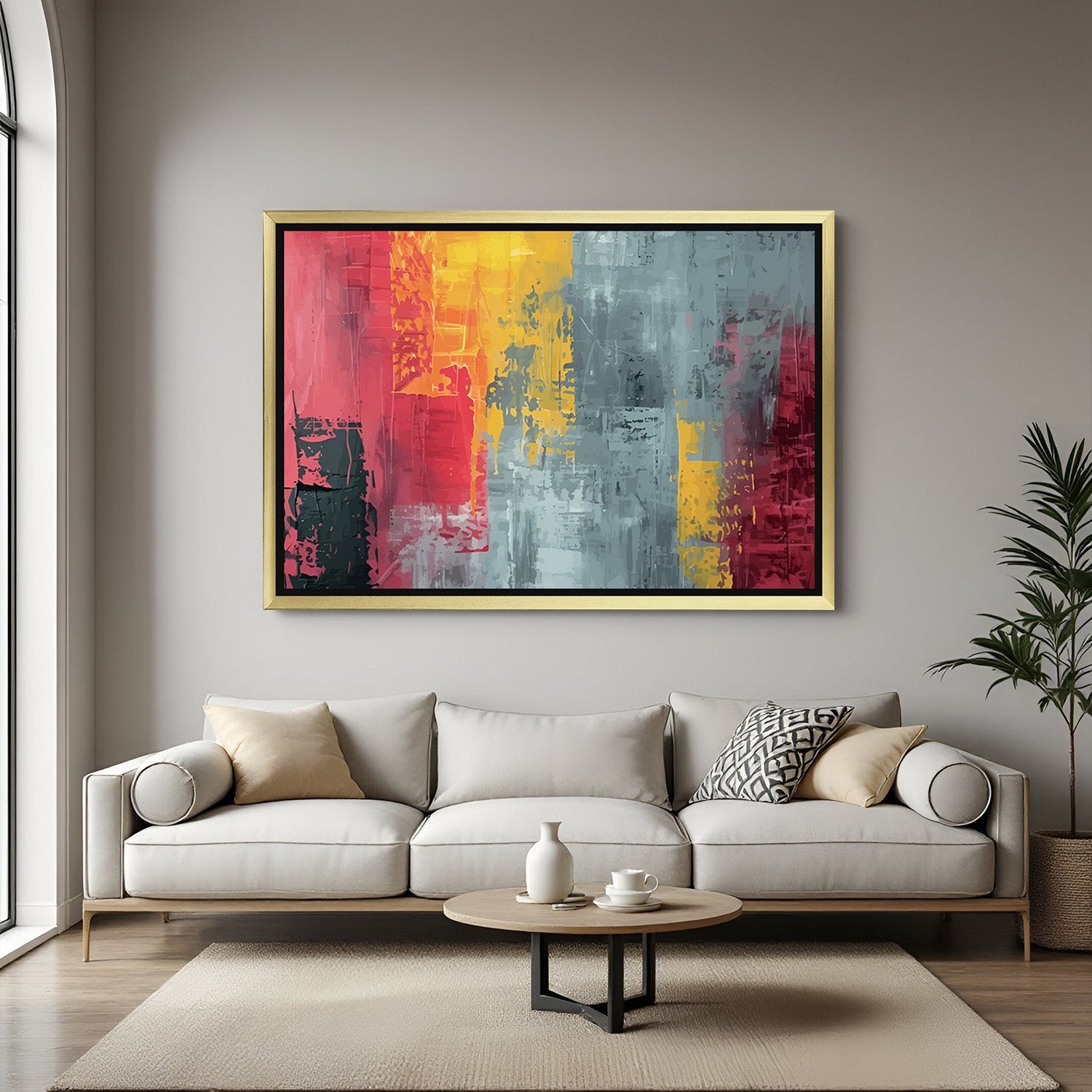 Golden frame vibrant abstract canvas with pink, grey, and yellow strokes – elegant wall art for contemporary decor