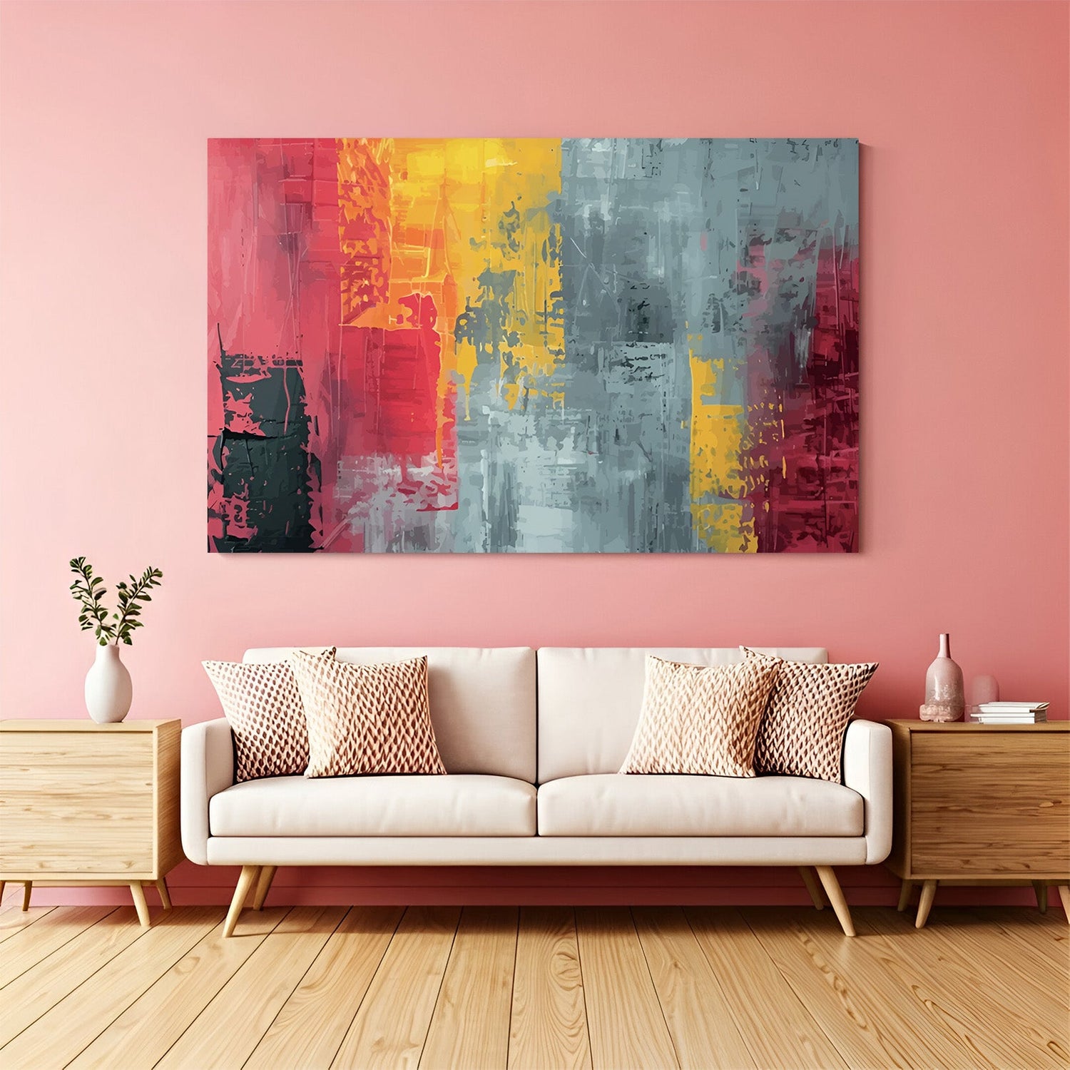 Pink, grey, black, and yellow abstract wall art – vibrant brushstroke canvas for modern interior wall decor