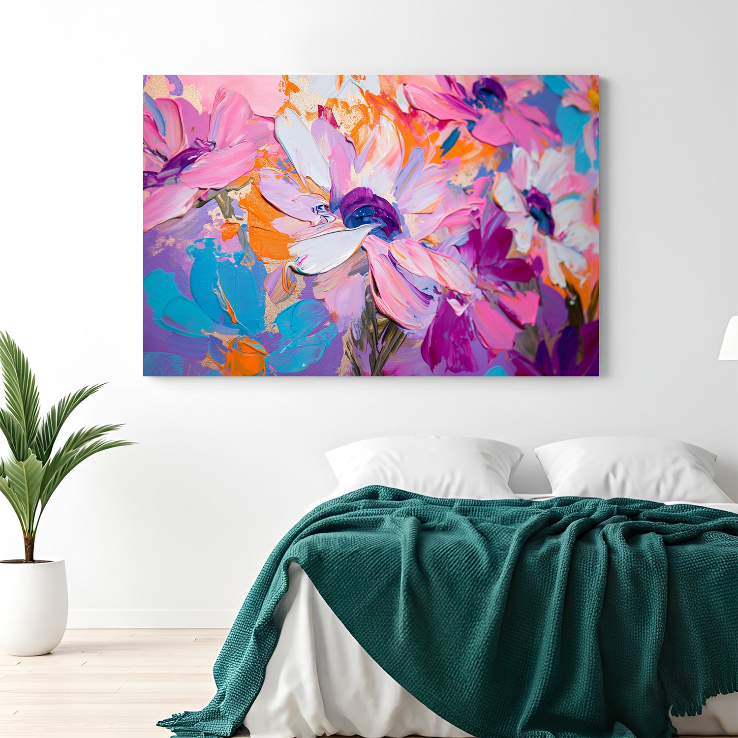 Large canvas wall art of a softly painted pink flower with artistic brush textures, perfect for elegant and modern home decor