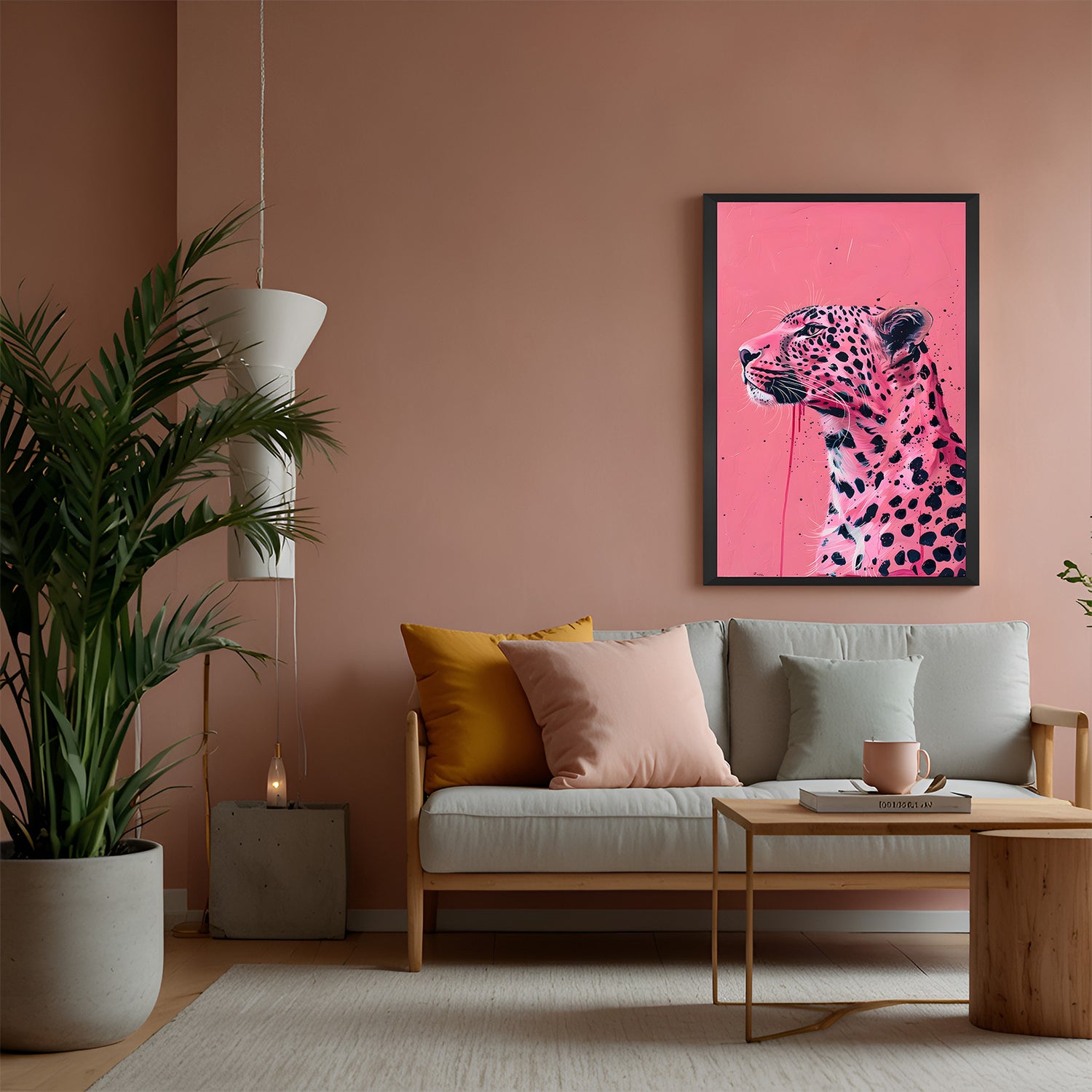 Canvas wall art of pink panther on pink background with black floater frame, perfect for trendy or pop art interiors