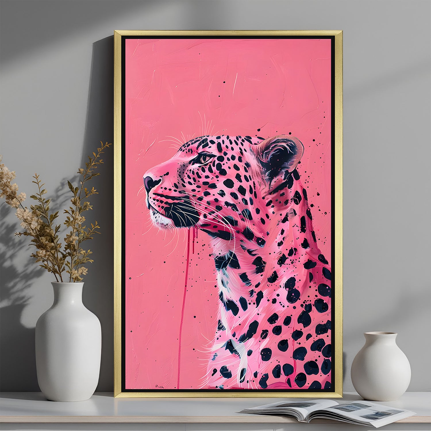 Pink panther pop art canvas with golden floater frame, designed for fun, bold, and modern wall decor themes