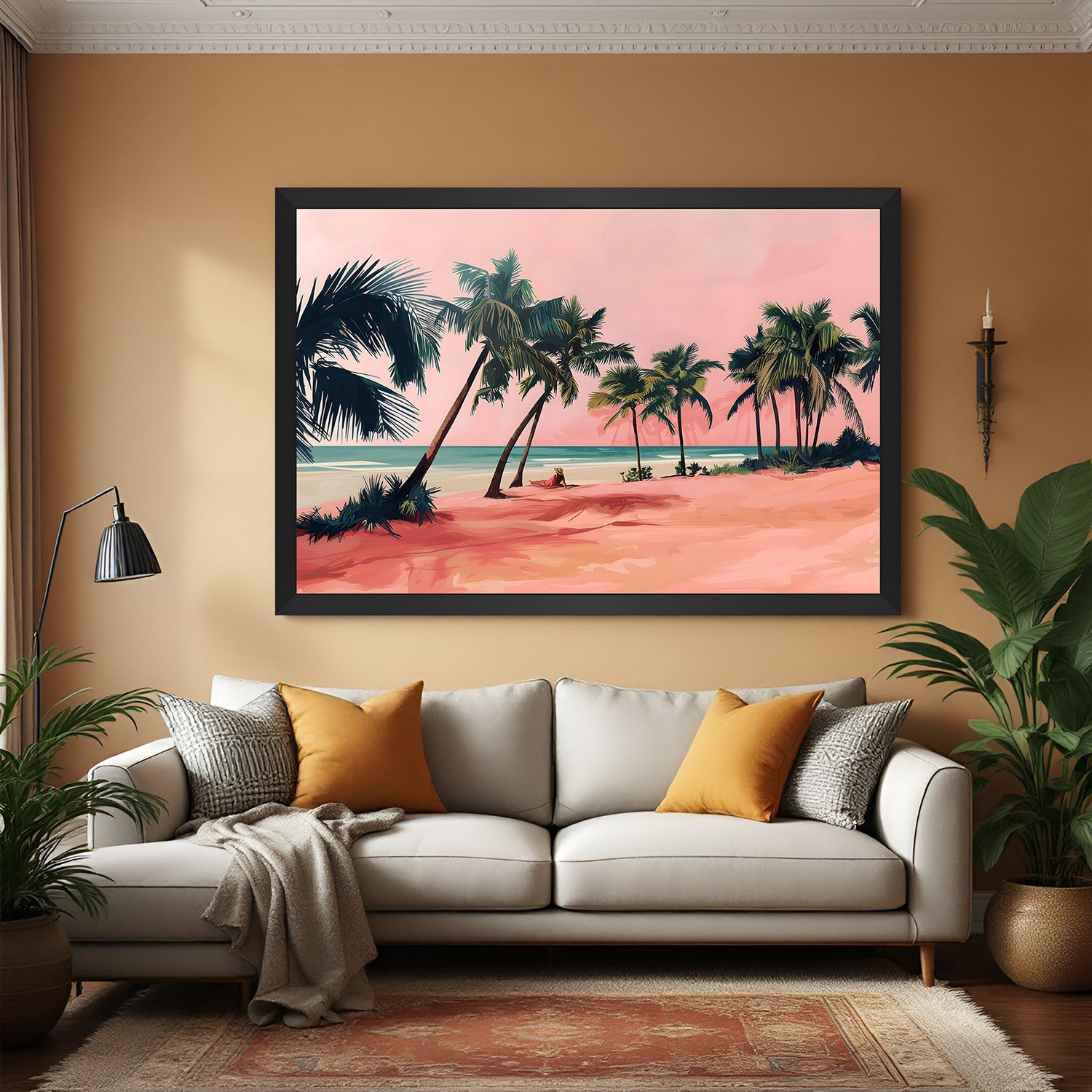 Modern canvas art of a tropical beach during pink sunset, with black frame – perfect for calm, nature-inspired interiors