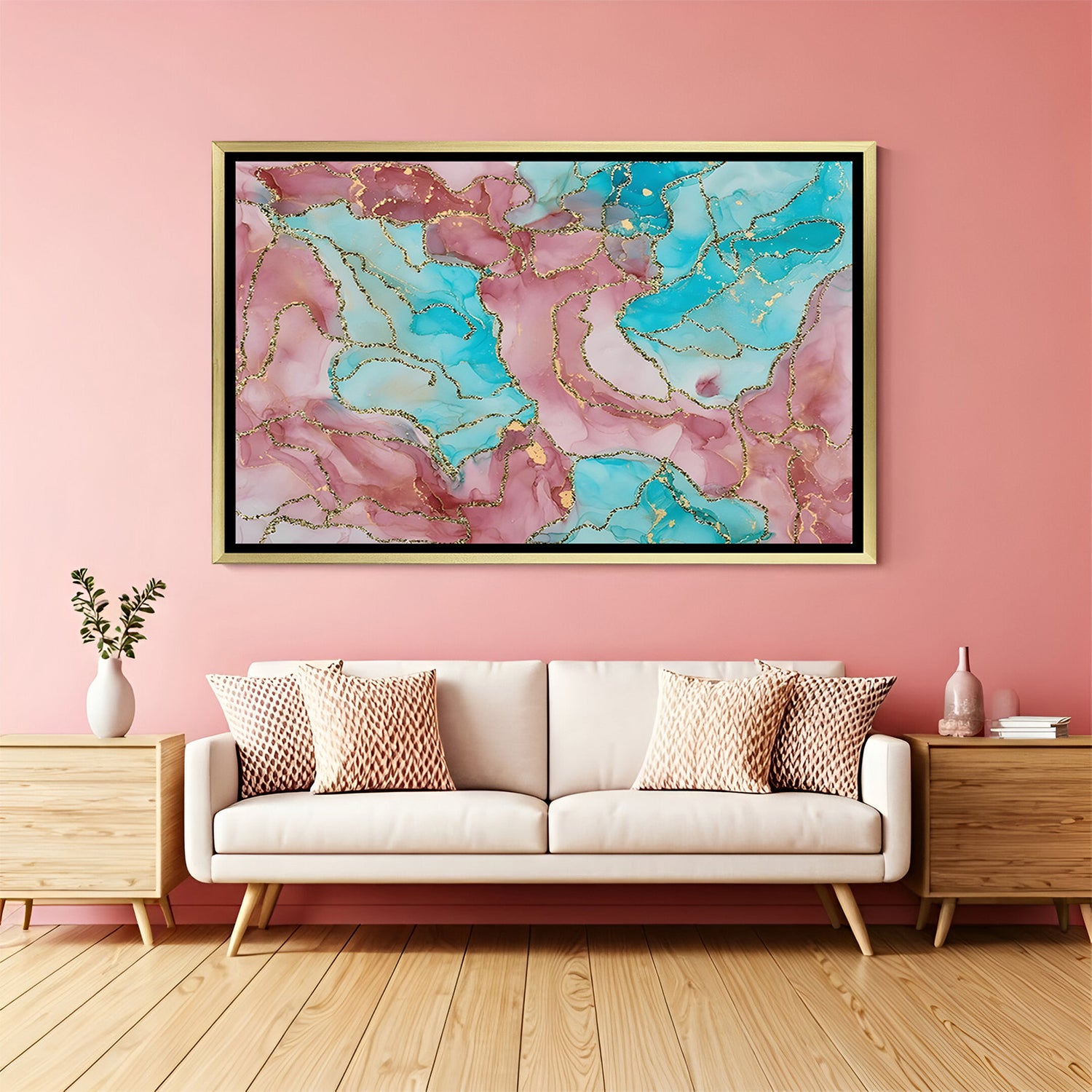 Luxury pink and teal marble abstract canvas wall art with gold vein detailing in golden frame