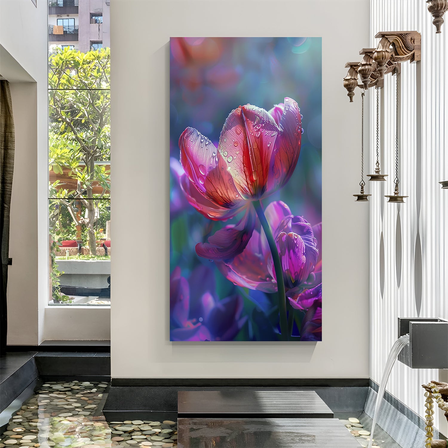 Large canvas wall art featuring a pink tulip with fresh water droplets on petals, perfect for modern and elegant floral interior decor