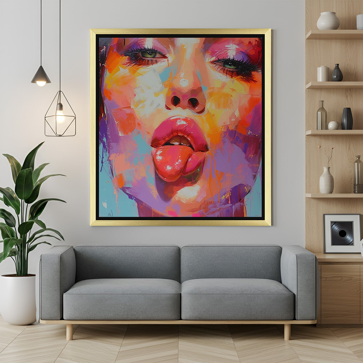 Golden-framed canvas print of a woman with tongue out in colorful pop modern art style—great for adding bold personality to trendy or creative home decor