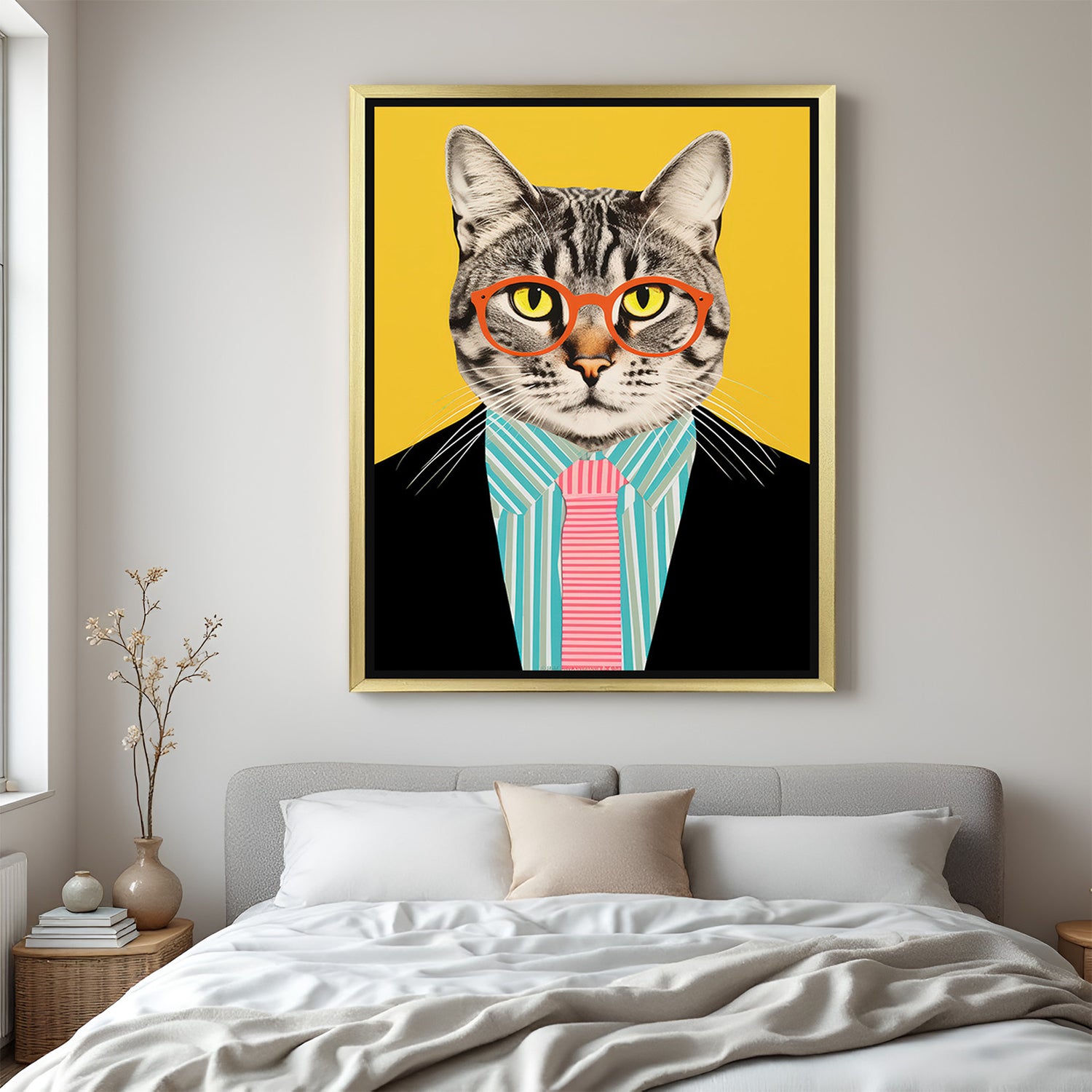 Sophisticated cat wall art with suit and specs in golden frame, perfect canvas decor for confident, stylish wall setups