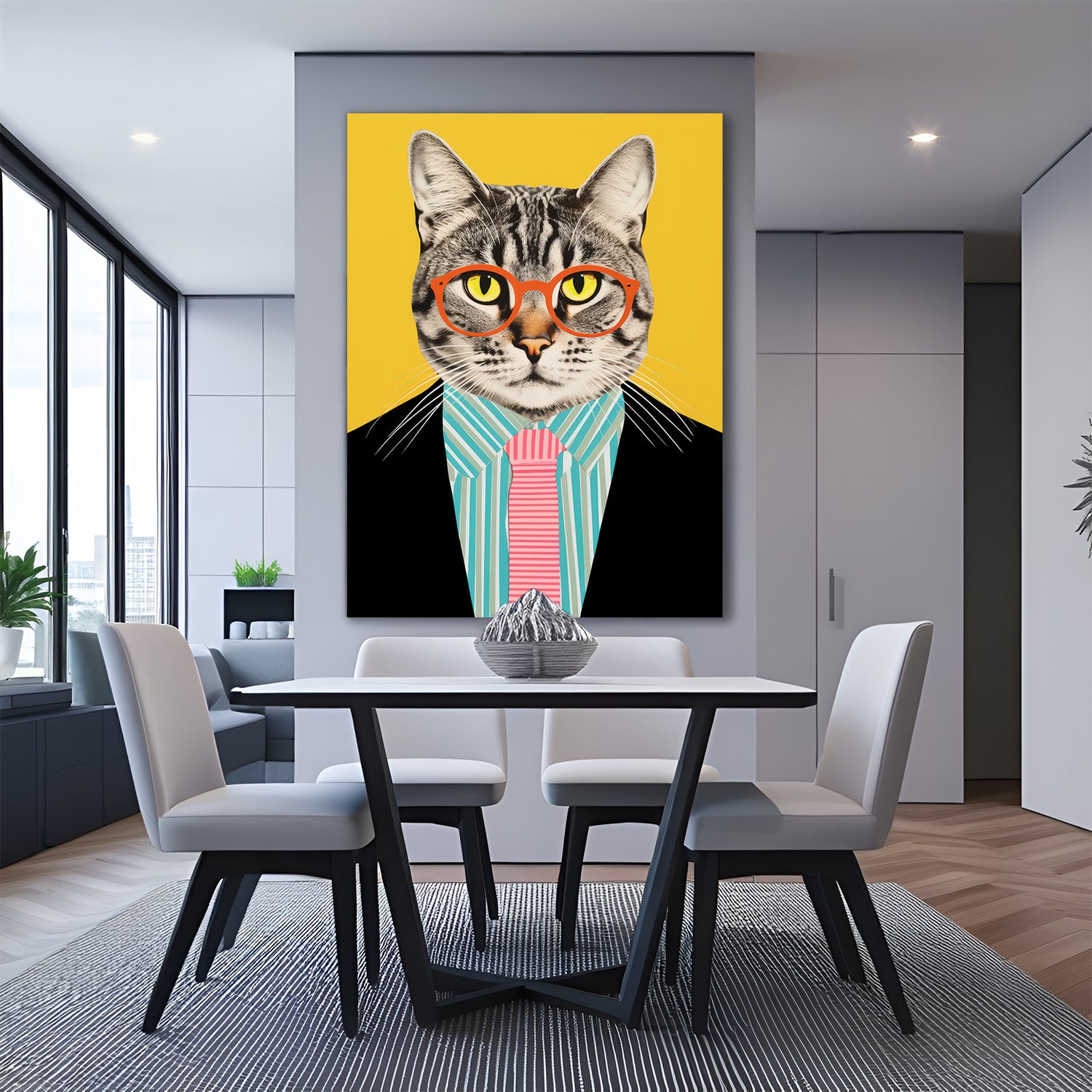 Cat with poker face in a formal suit and specs, painted style canvas art for modern, classy, and unique interior wall decor