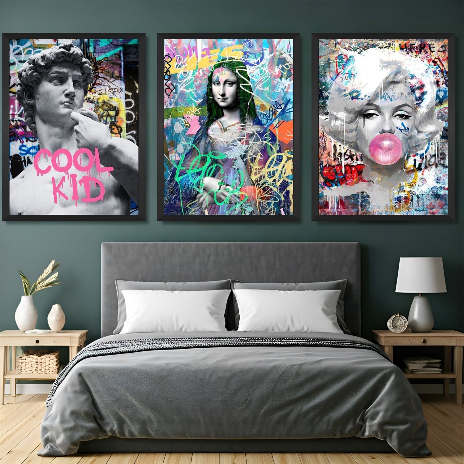 Wall display of three canvas prints showing modern versions of David, Mona Lisa, and a bubble gum girl, all in sleek black frames for stylish and bold home decor