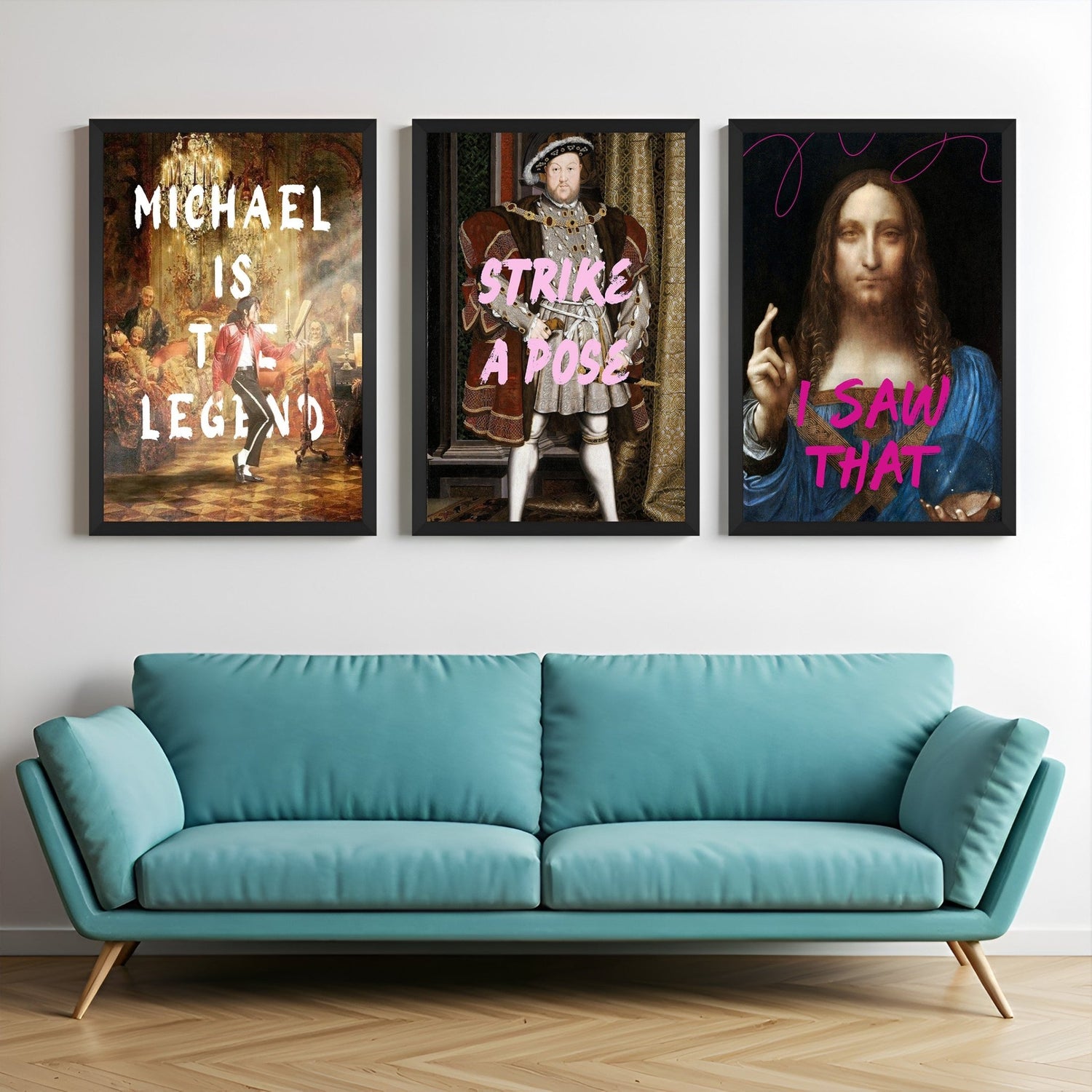 Wall display of three pop culture canvas prints – Michael Jackson with quote, fashion pose graphic, and humorous Jesus artwork, framed in black for modern home decor