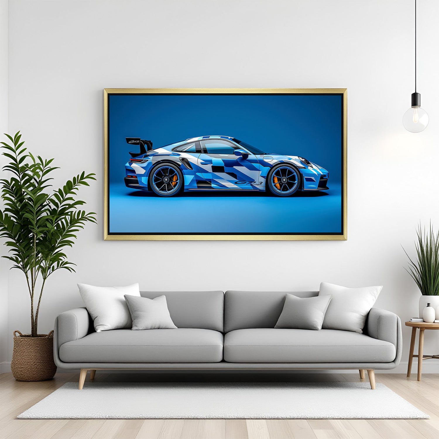 Golden frame version of Porsche 911 wall art showcasing racing car in motion with blue background for premium wall decoration