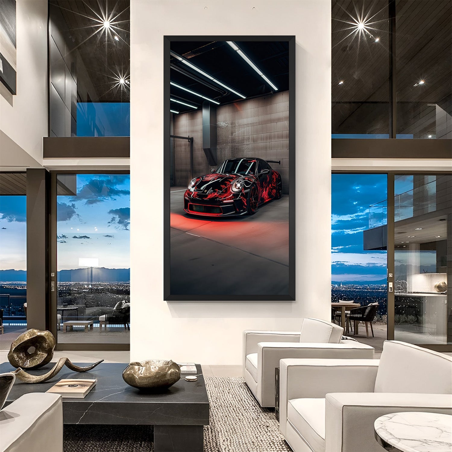 Black frame canvas print of Porsche 911 GT3 parked, highlighting its red and black tones for modern automotive wall decor