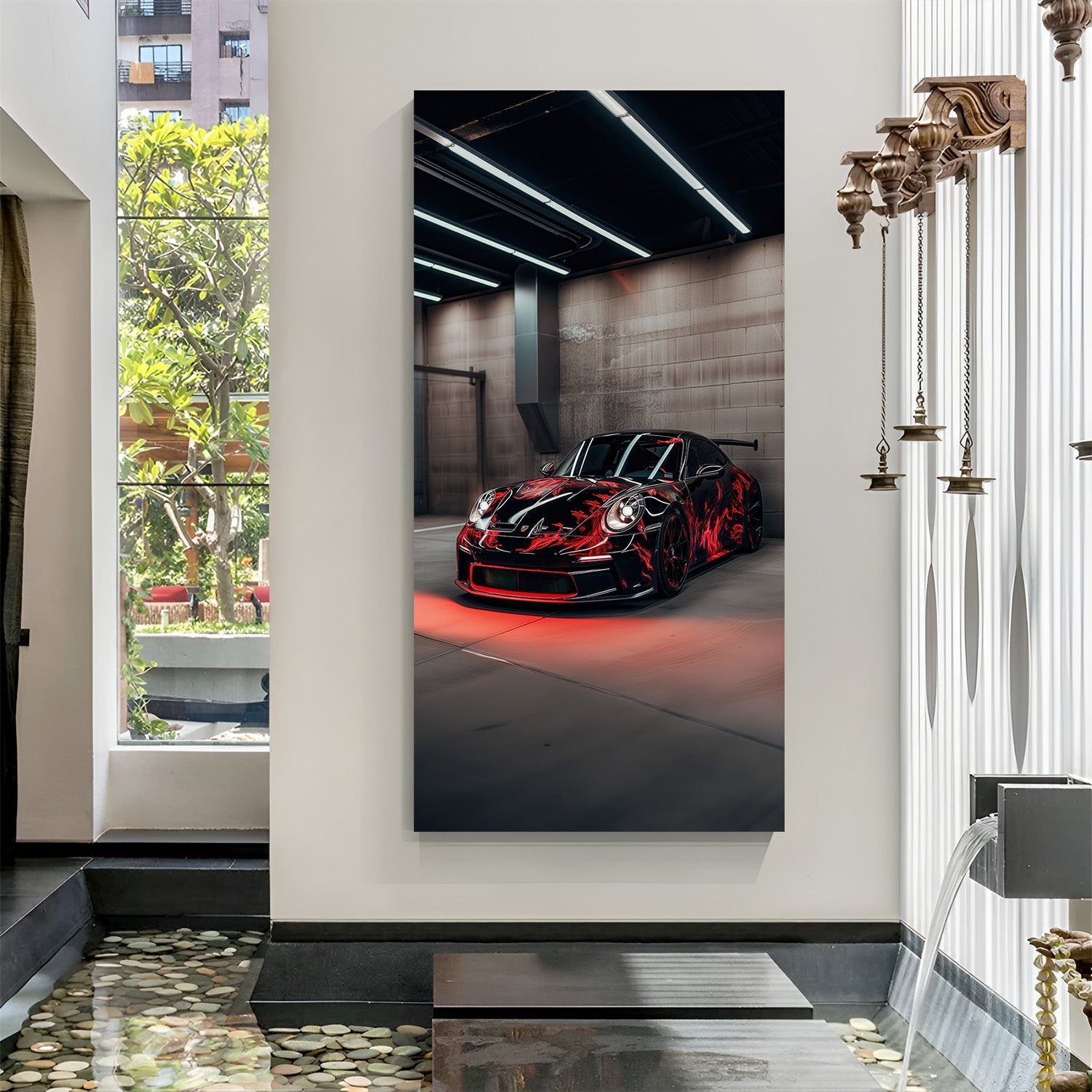 Canvas wall art of Porsche 911 GT3 parked with red and black shades, showcasing elegance and speed, ideal for car-themed interiors