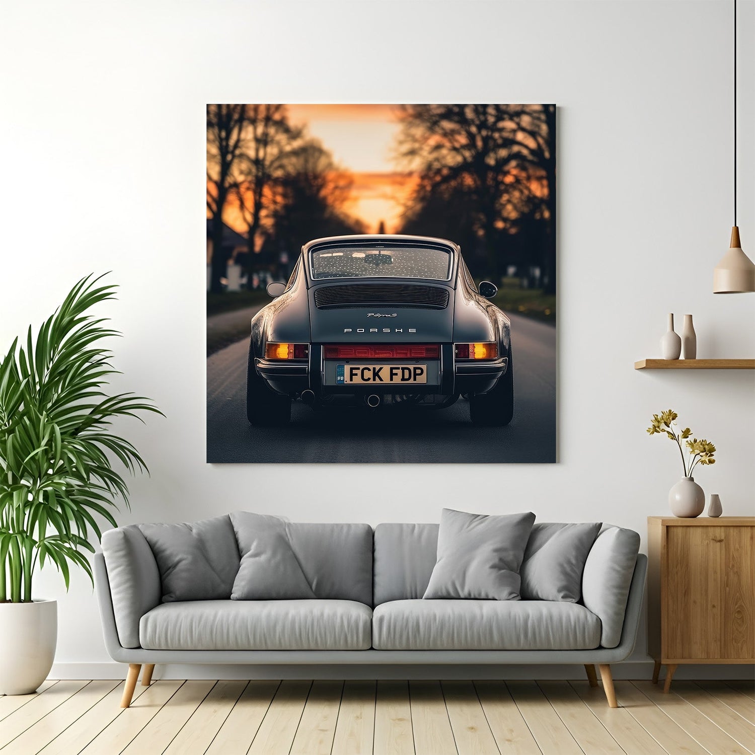 Canvas wall art of a Porsche's back view with natural scenery in front, combining luxury automotive style with serene landscape aesthetics