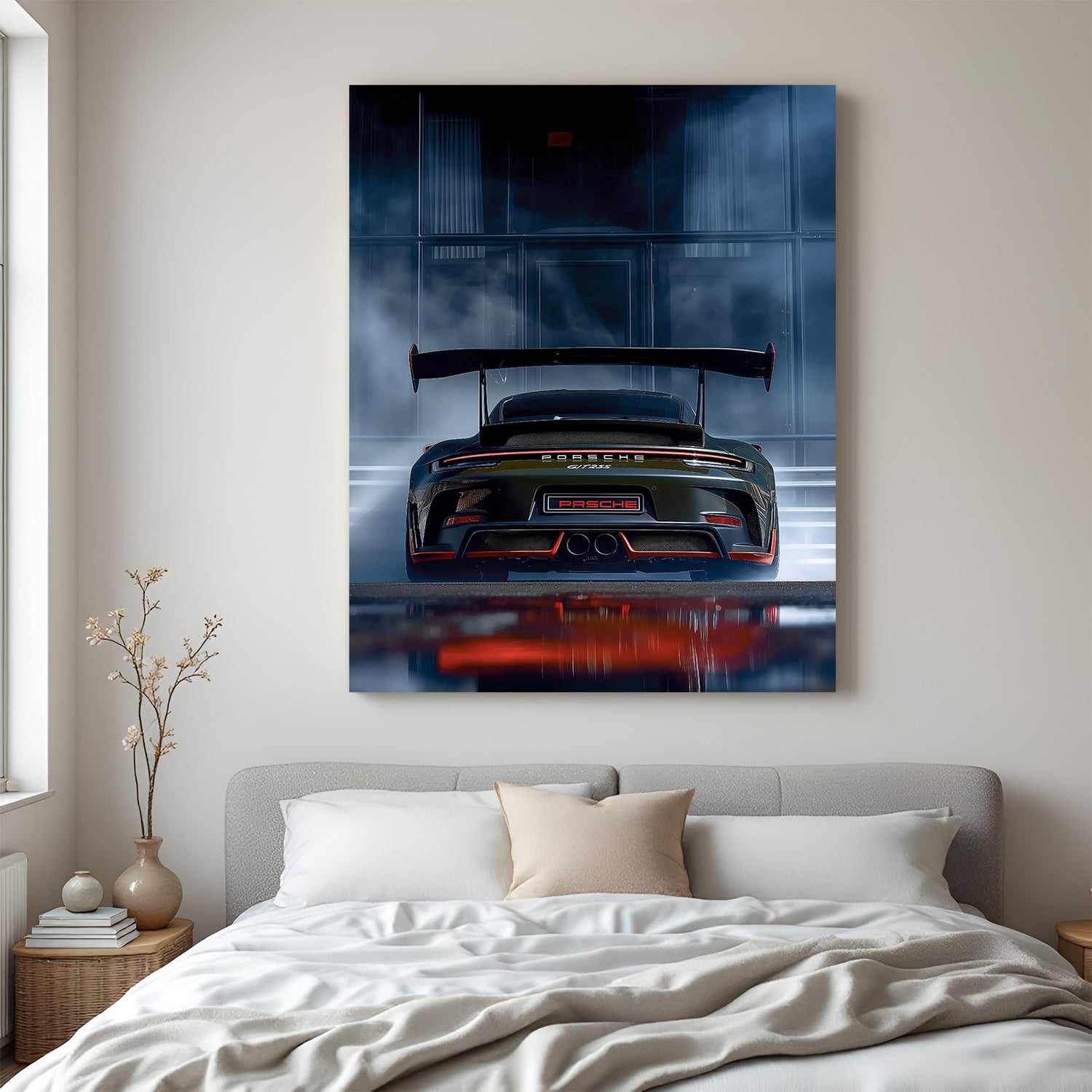 Canvas wall art showing the back view of a Porsche with a bluish premium background—ideal for luxury car decor and high-end interior styling
