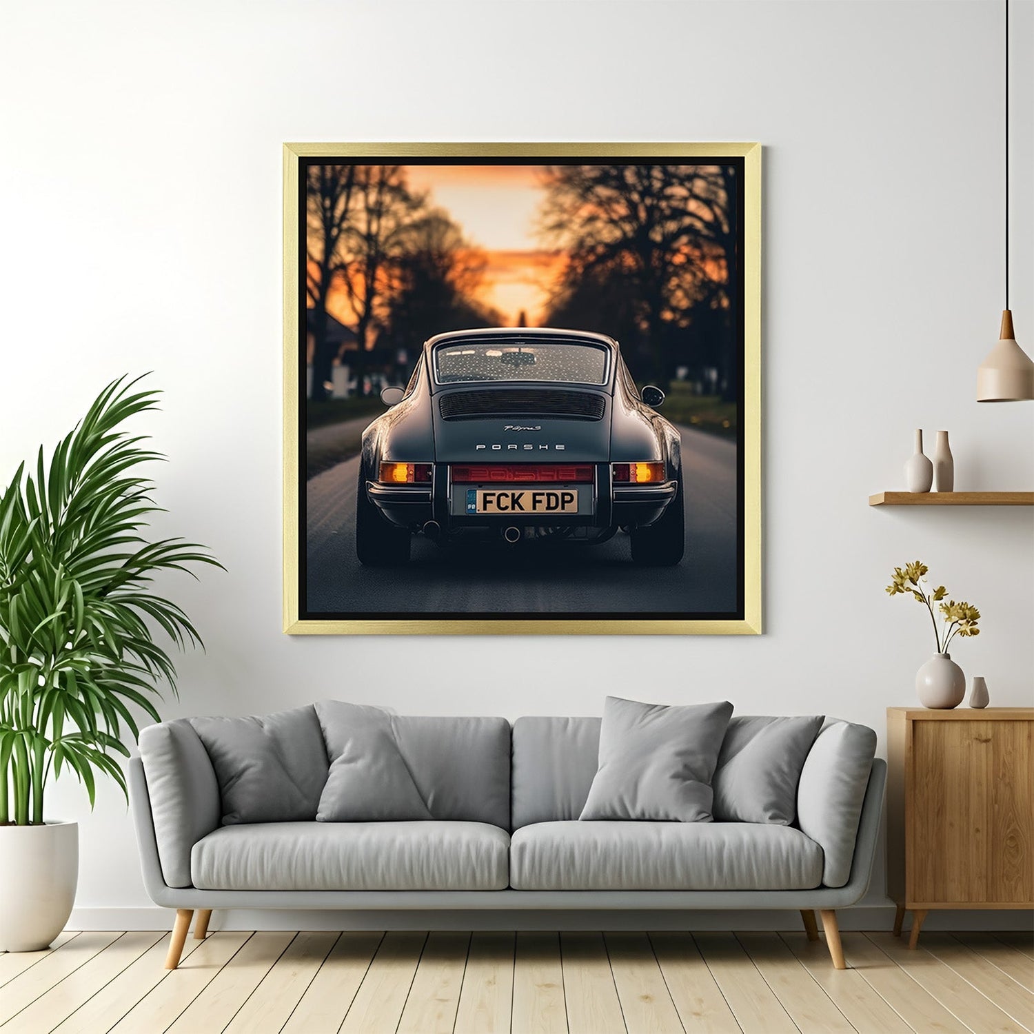 Golden framed Porsche wall art with scenic view, offering a luxurious automotive decor piece for home, office, or showroom walls