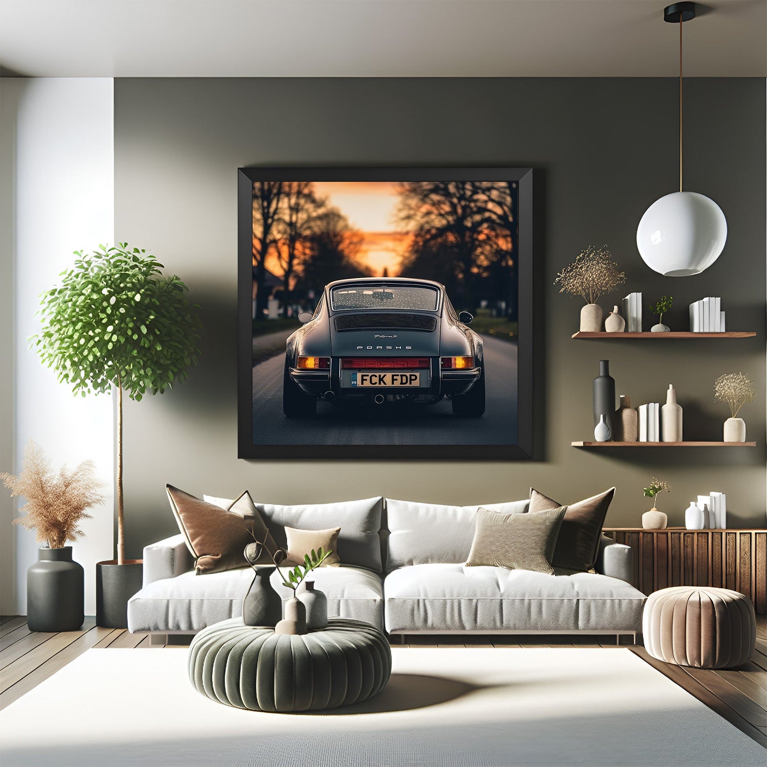 Black frame Porsche canvas wall art showing luxury car and green scenery, perfect for modern interiors and car-inspired rooms