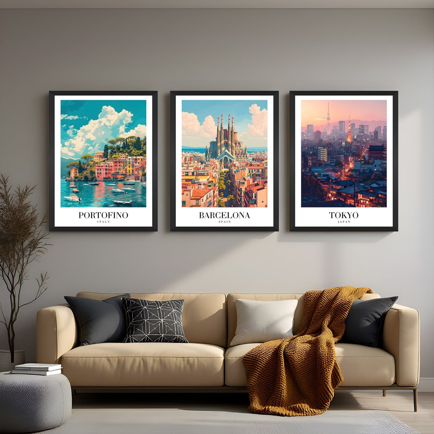 City view canvas wall art set of 3 with location names – Portofino, Barcelona, and Tokyo – ideal for modern interiors and globally inspired decor