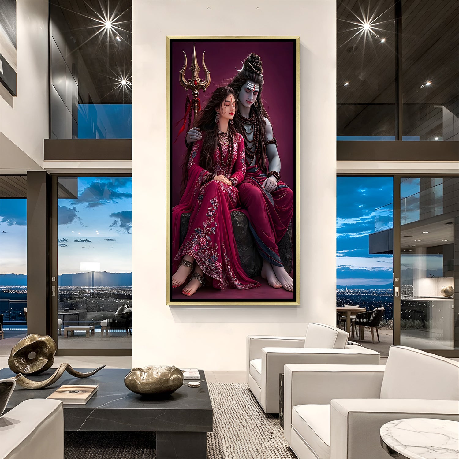 Divine Shiv Shakti canvas painting with Lord Shiva and Goddess Parvati in luxurious golden floater frame