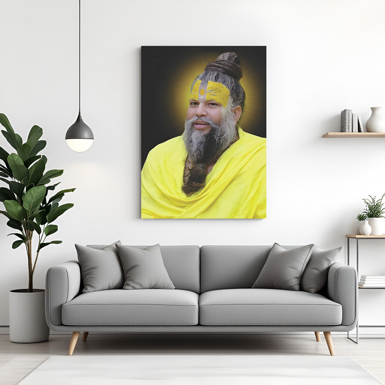 Premanand Ji Maharaj spiritual canvas wall art with yellow halo and black background