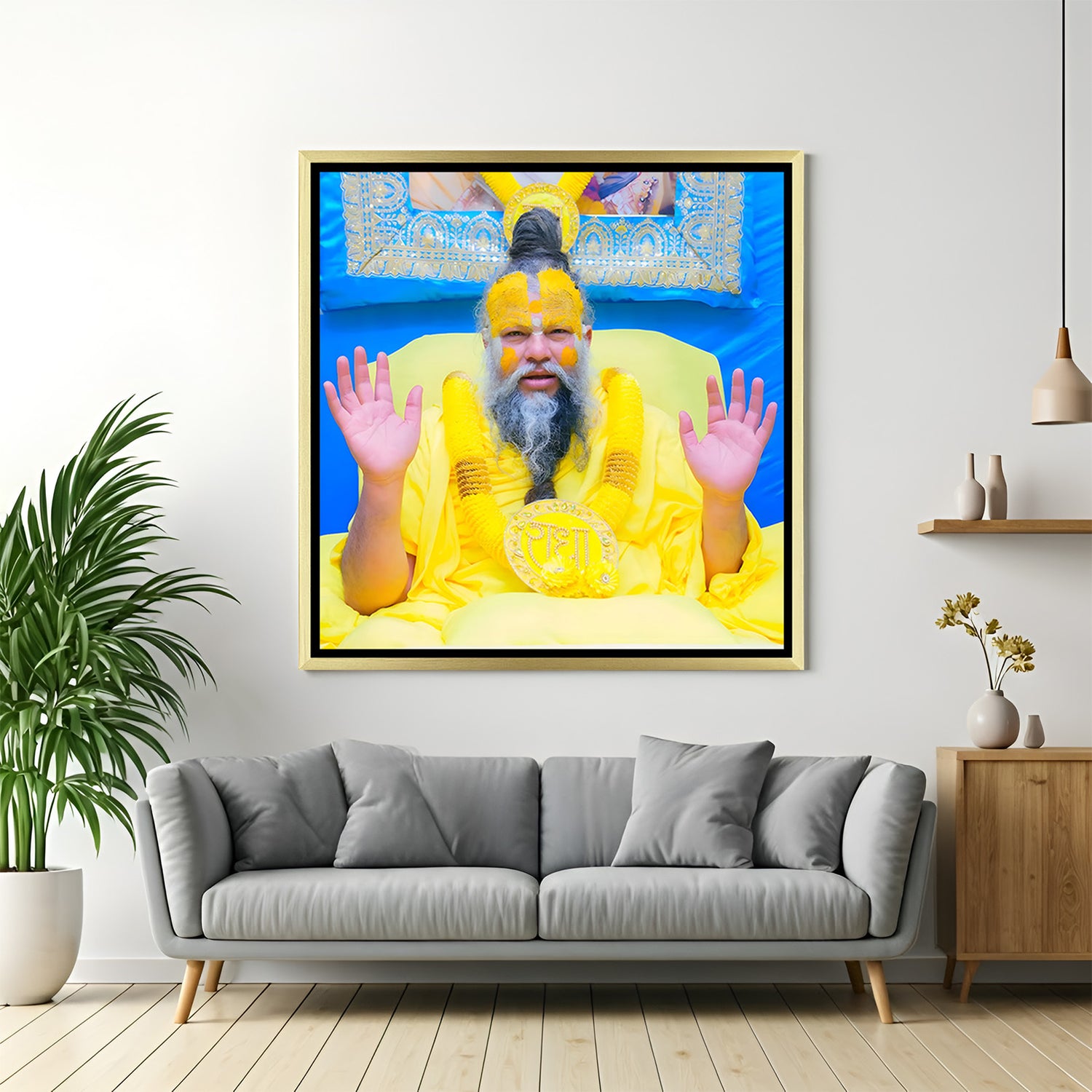 Premanand Ji Maharaj spiritual artwork with yellow tilak in golden floater frame