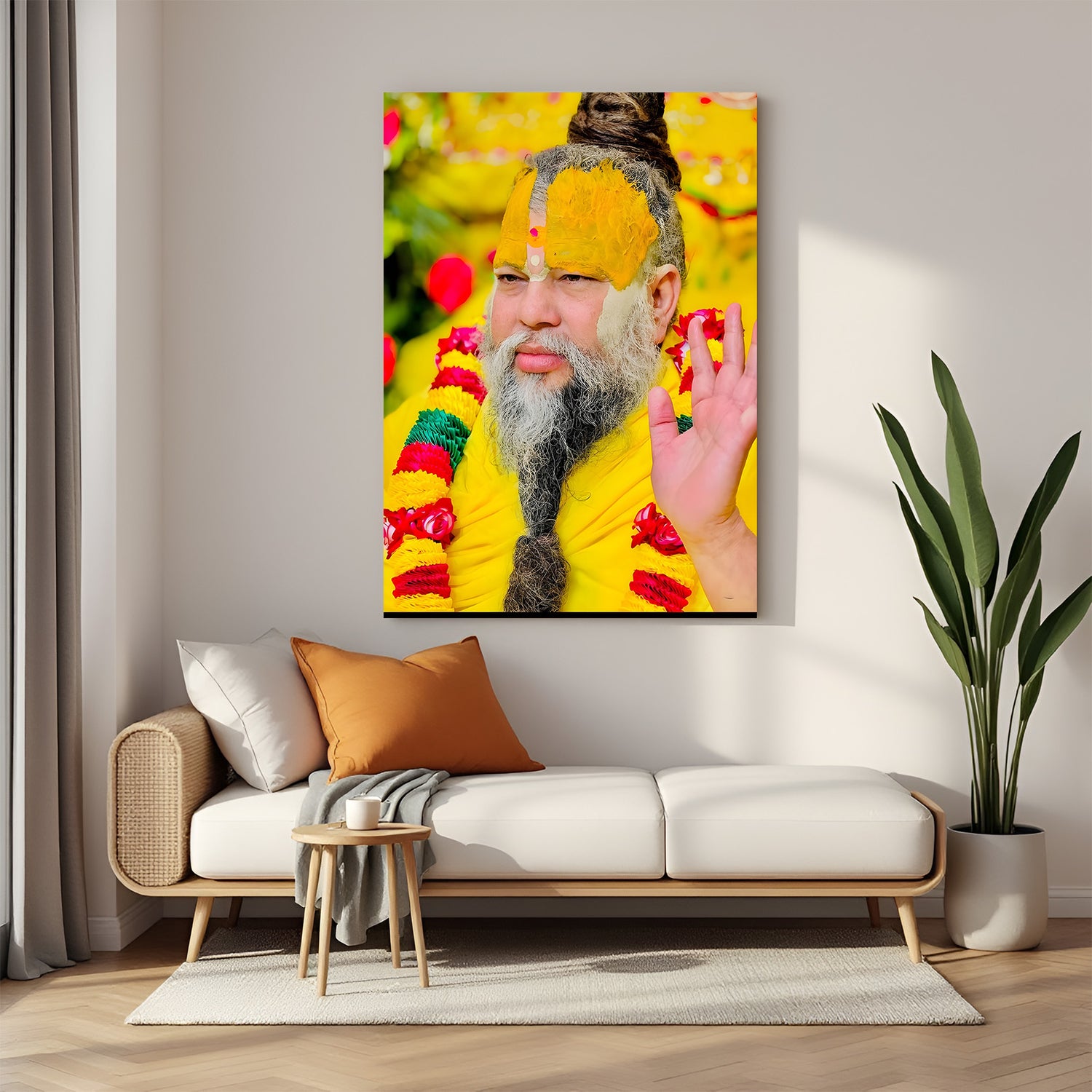 Premanand Ji Maharaj spiritual canvas wall art with yellow tilak and blessing expression