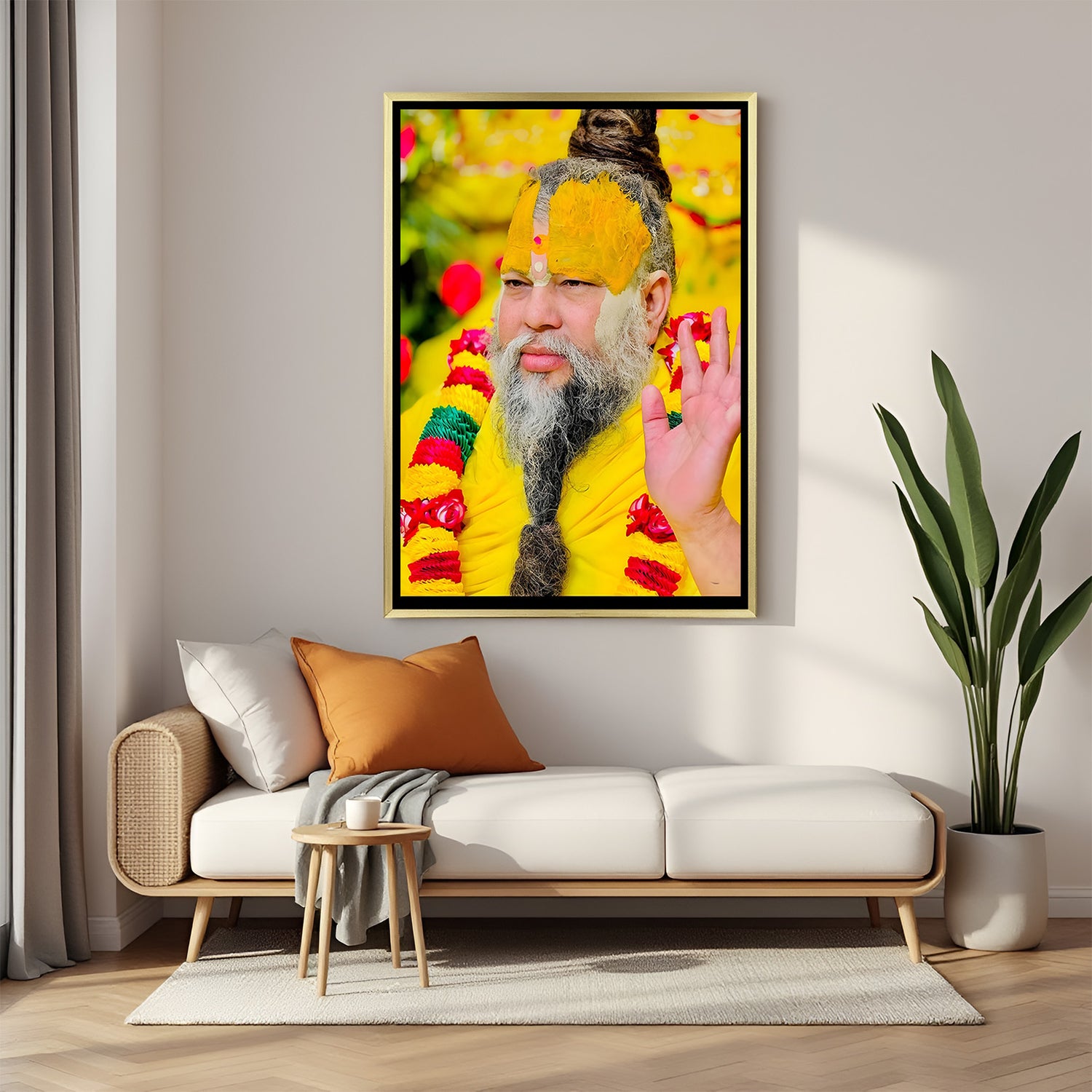 Premanand Ji Maharaj spiritual artwork in golden floater frame premium devotional decor