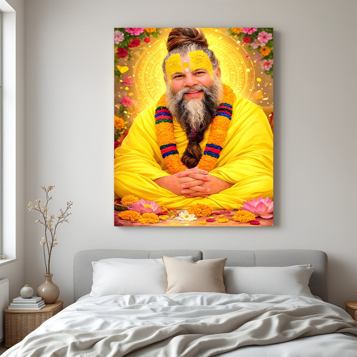 Premanand Ji Maharaj smiling spiritual canvas wall art with flowers and yellow halo
