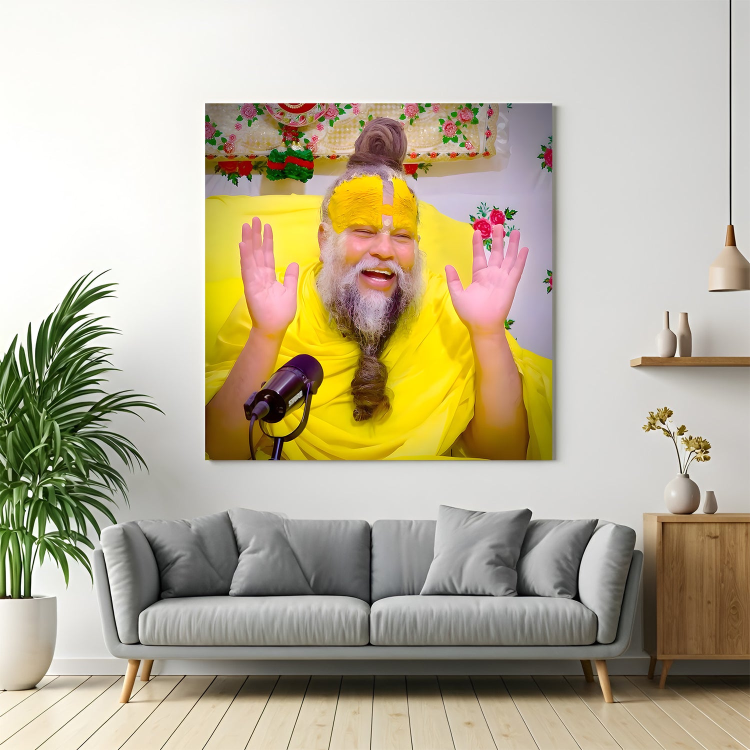 Premanand Ji Maharaj laughing spiritual canvas wall art with hand gesture and yellow tilak