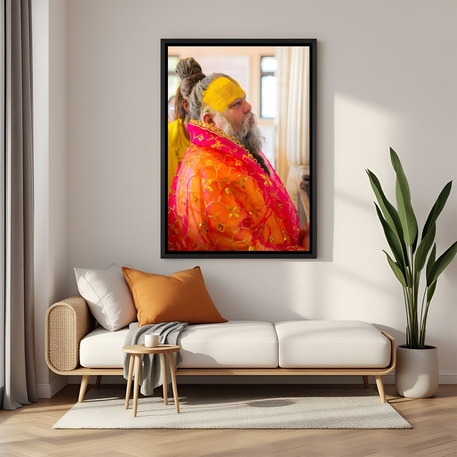 Premanand Ji Maharaj devotional side profile wall painting in black floater frame