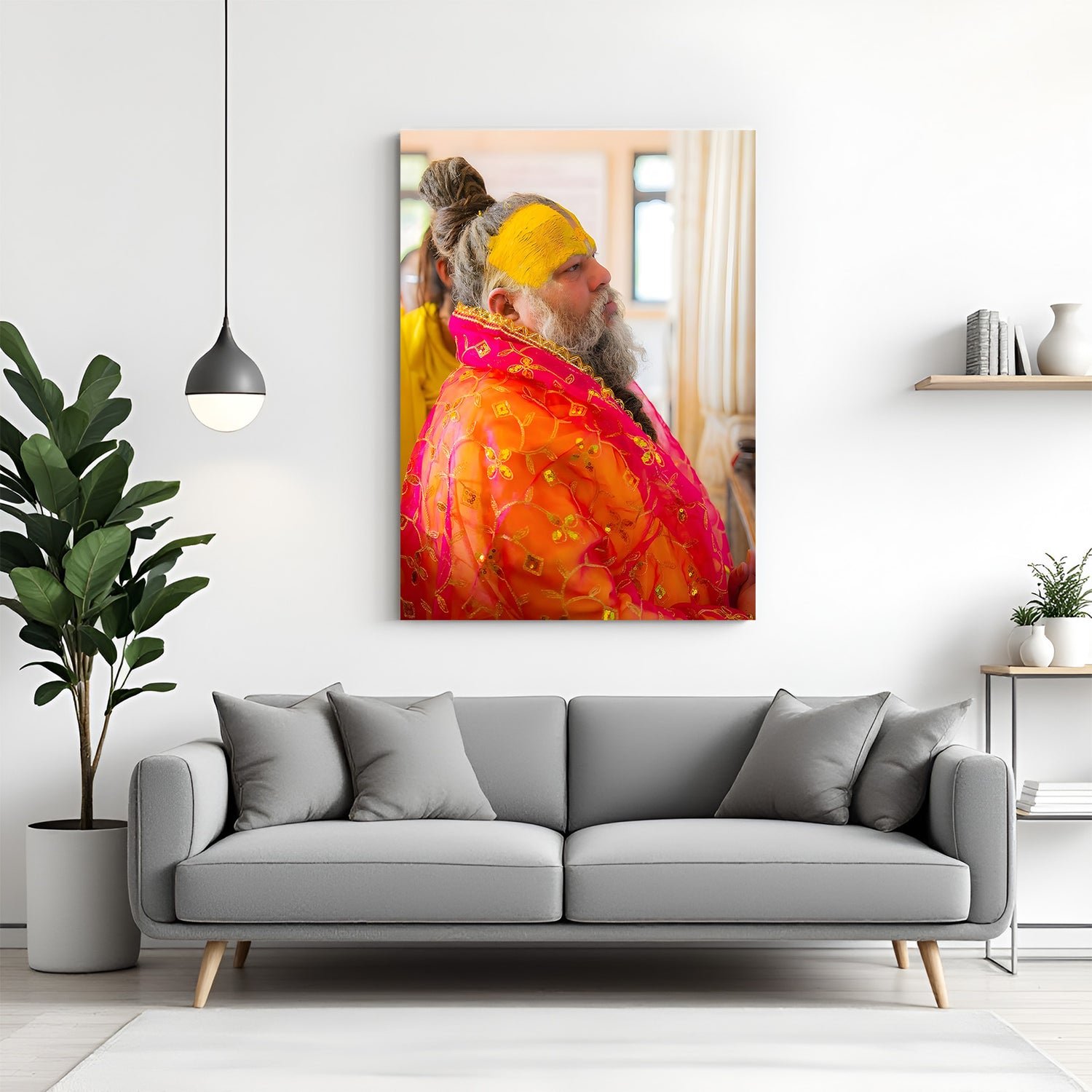 Premanand Ji Maharaj side pose spiritual canvas wall art with yellow tilak decor