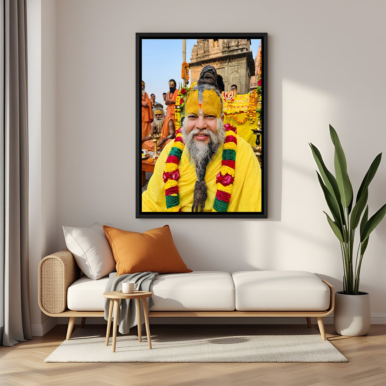 Premanand Ji Maharaj devotional wall painting in black floater frame with temple decor