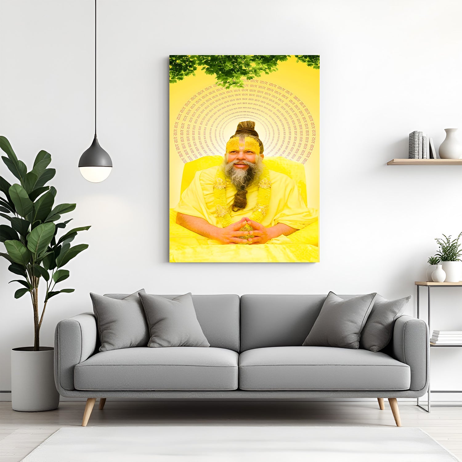 Premanand Ji Maharaj yellow theme spiritual canvas wall art with blessing gesture