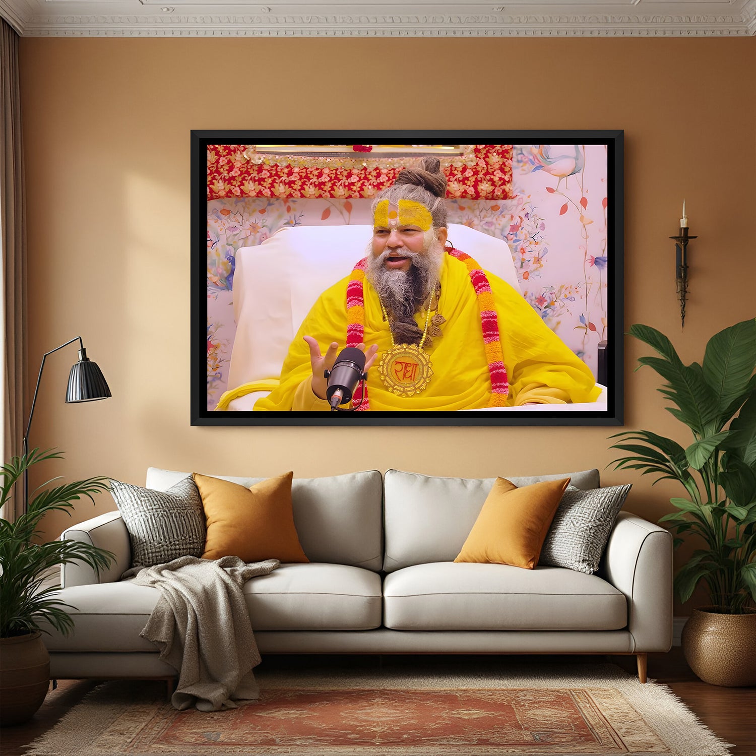 Premanand Maharaj devotional wall painting in black floater frame spiritual decor