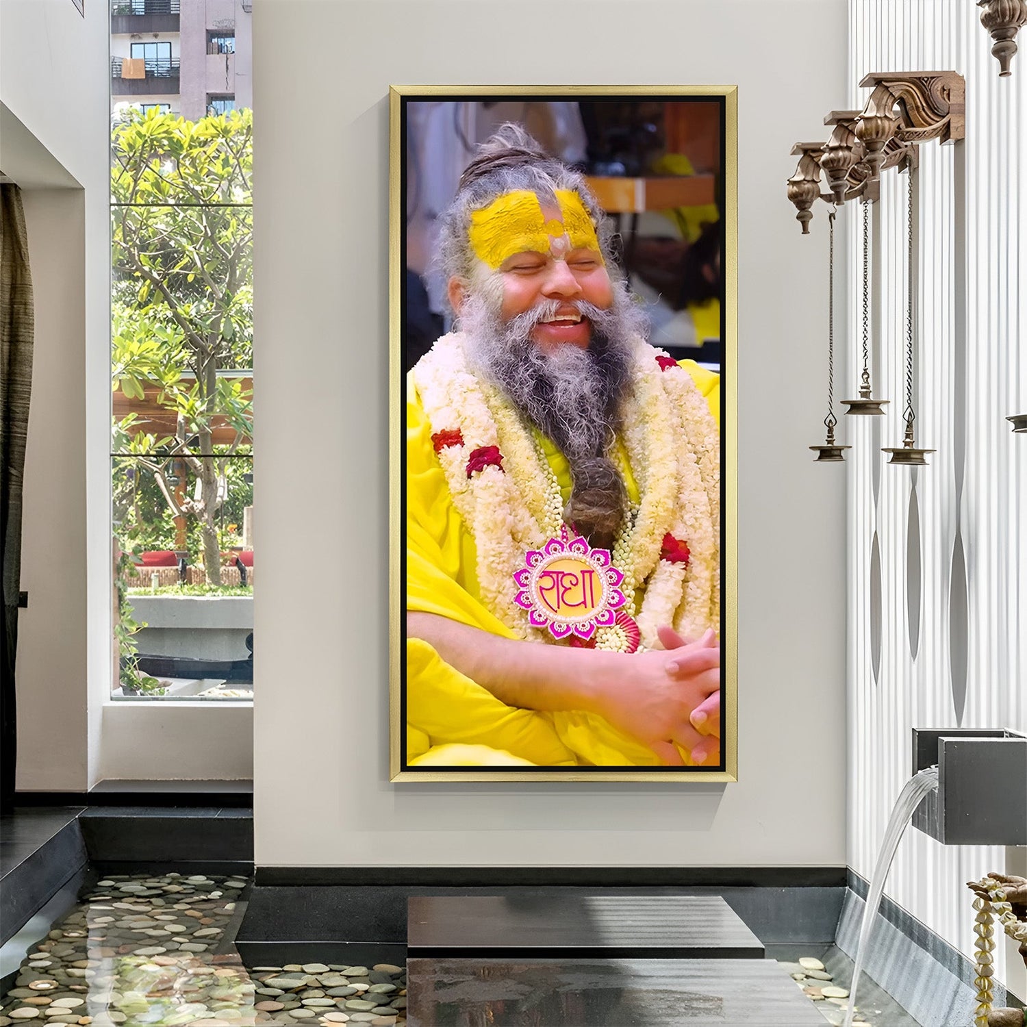 Premanand Maharaj Ji Wall Art in golden floater frame for spiritual positivity, faith, and elegant Vastu wall decoration
