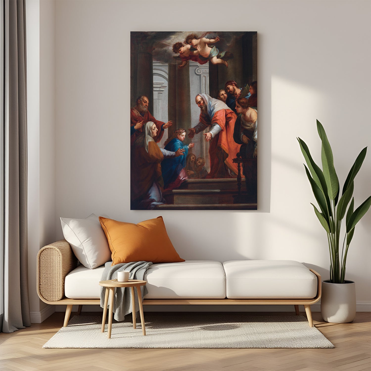 Vintage canvas wall art of the Virgin Mary’s presentation at the temple—baroque religious scene with aged classical effect