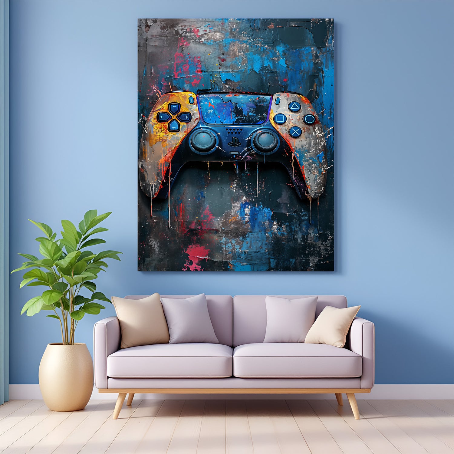 Modern canvas wall art featuring the PlayStation 5 console in a futuristic art style, perfect for gamers and digital-age home decor lovers, printed on premium canvas for bold interior impact