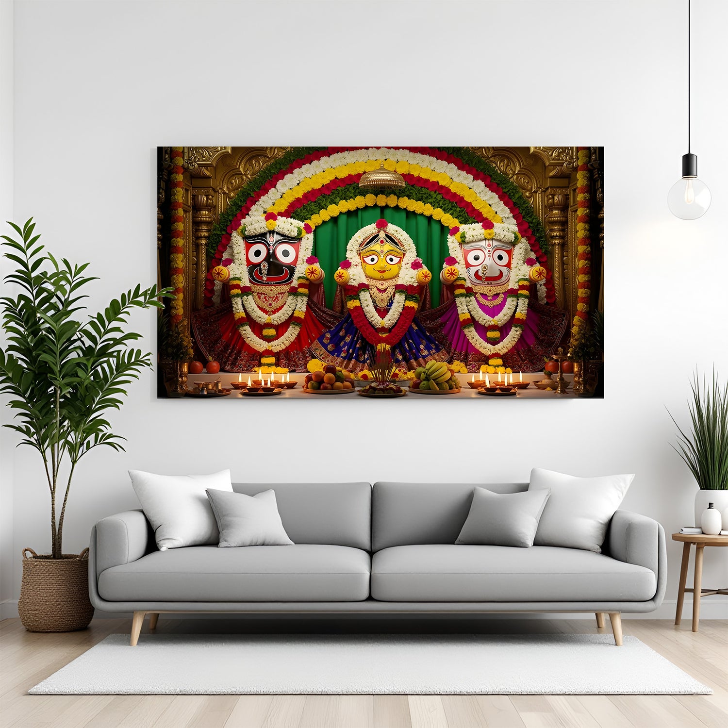 Puri temple inspired Jagannath altar wall art canvas wrapped for living room and pooja decor.