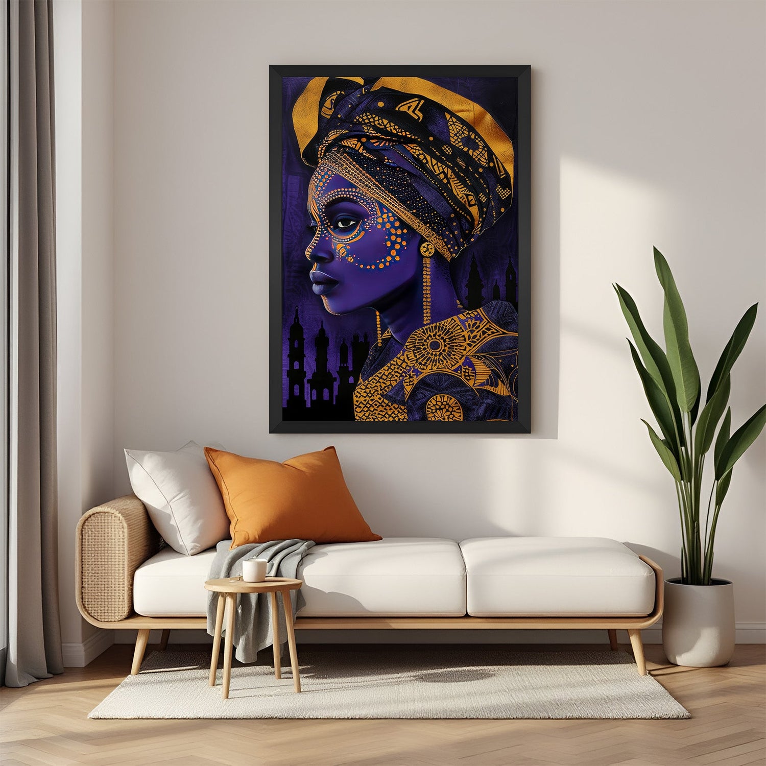Framed canvas of a tribal girl's portrait in purple tones with black floater frame, ideal for modern ethnic and Afrocentric interiors