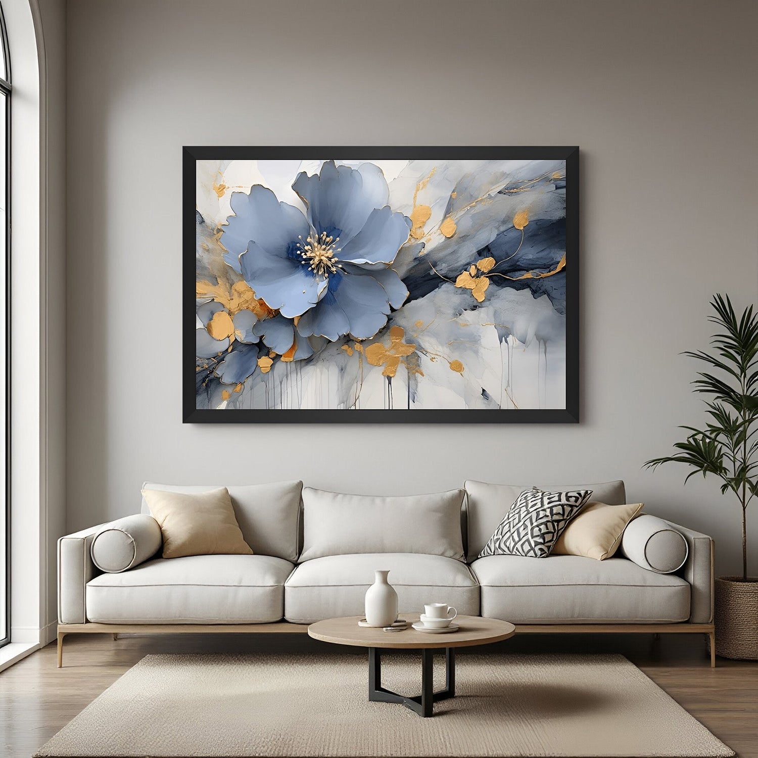 Black frame purple flower canvas – abstract wall art featuring painted purple bloom in a modern artistic composition