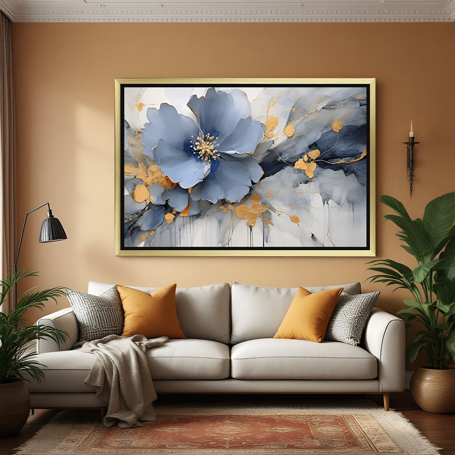 Golden frame abstract floral canvas – elegant wall art with purple flower in a contemporary painted style