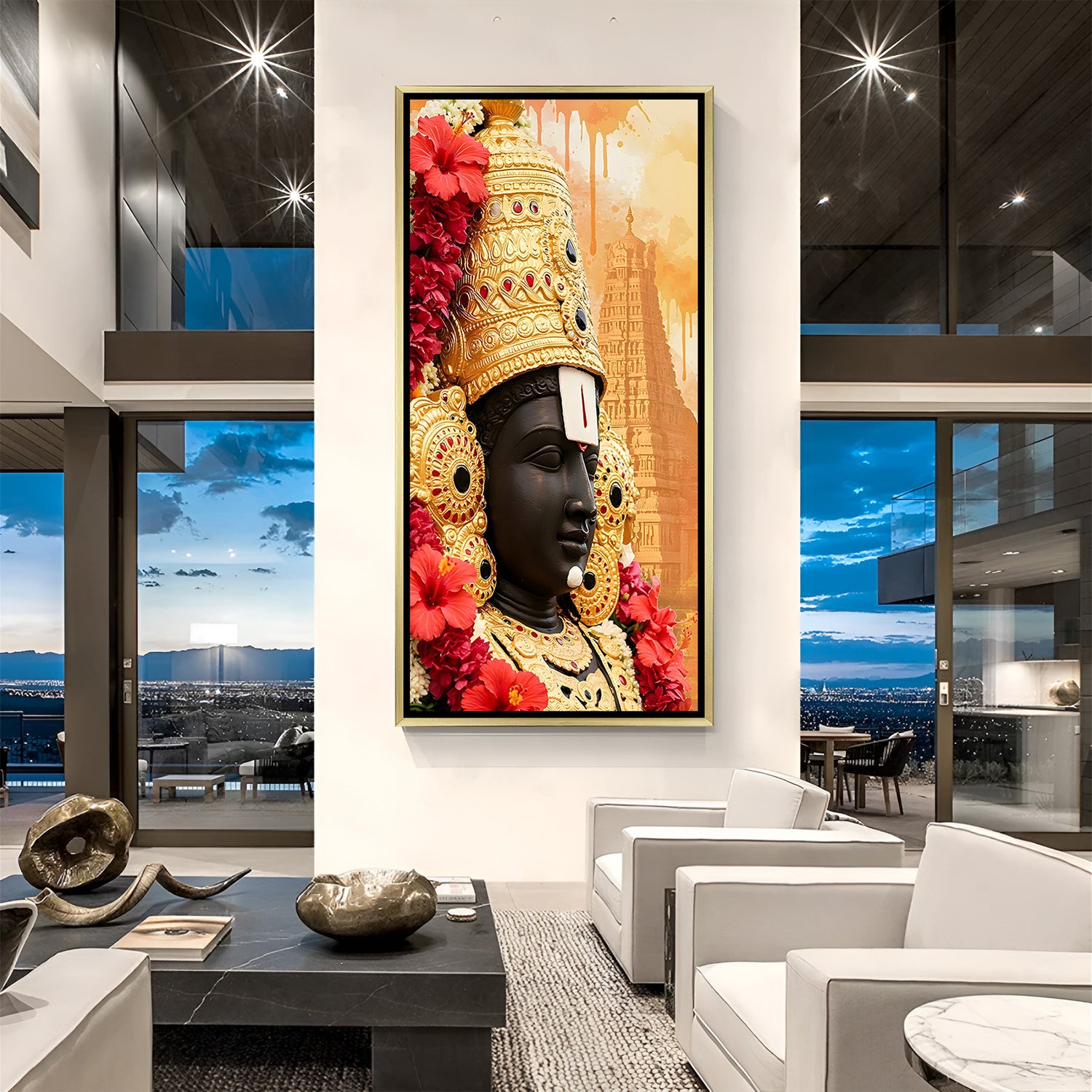 Detailed Tirupati Balaji profile canvas painting with golden crown and floral adornments in luxurious golden floater frame