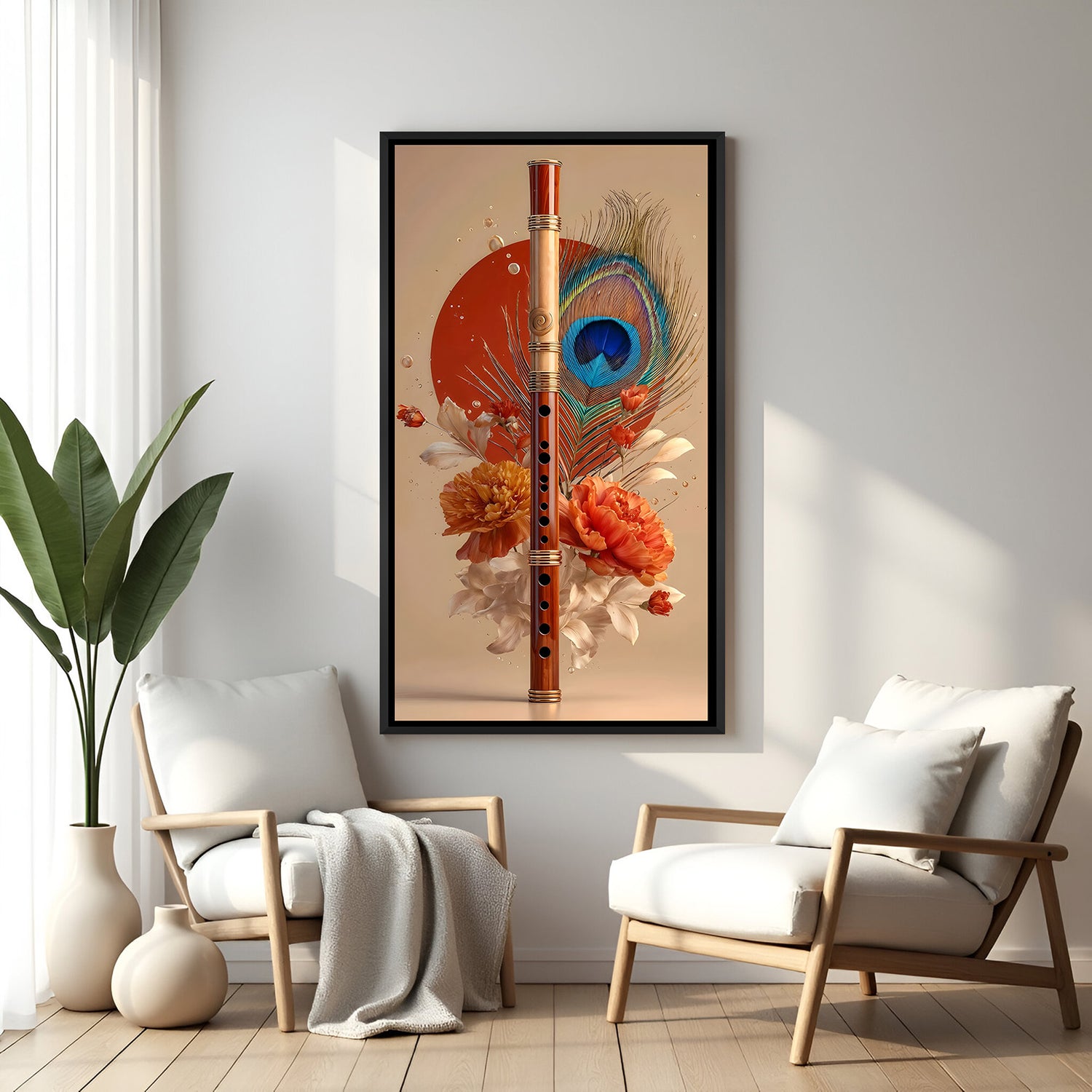 Krishna-inspired flute and peacock feather artwork with orange blossoms in elegant black floater frame