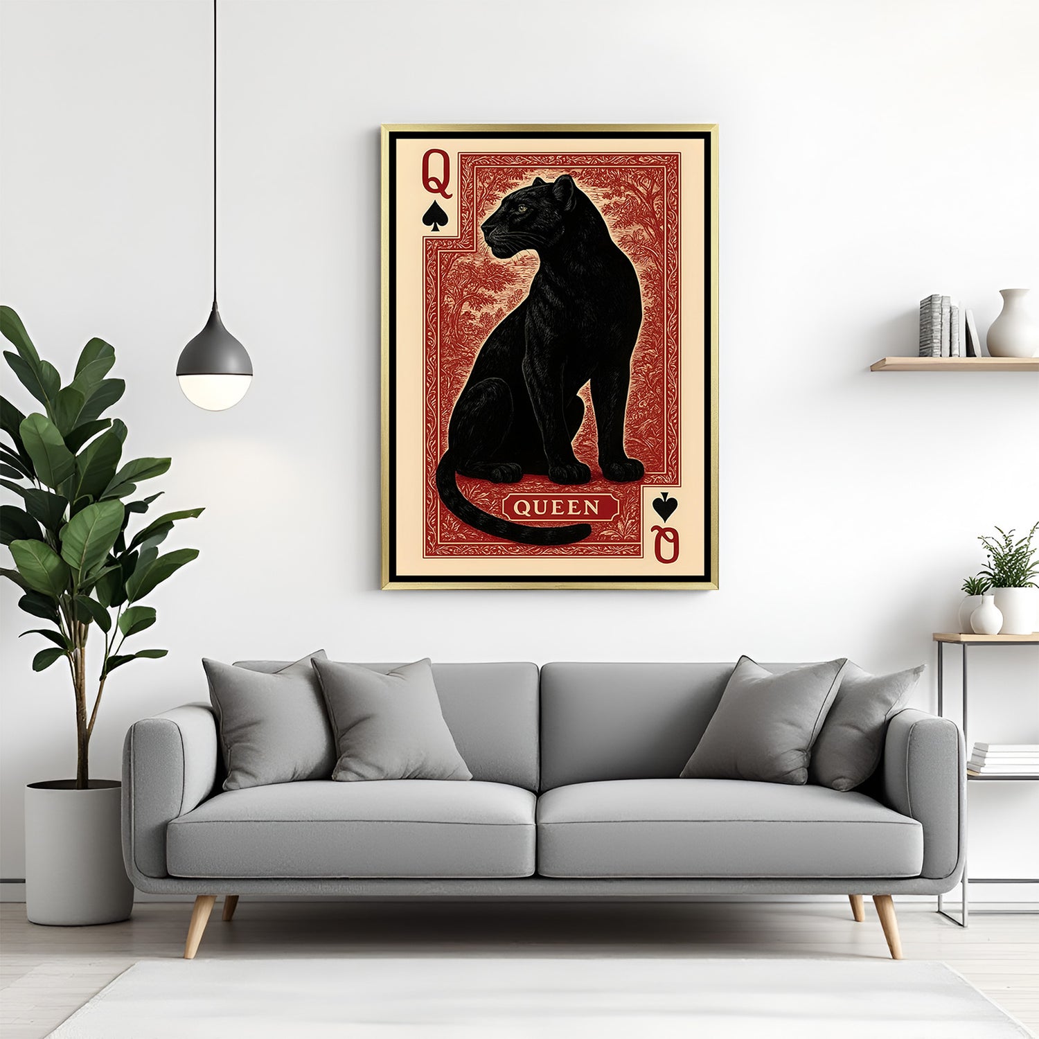 Queen Panther artwork in luxury golden floater frame featuring black panther queen of spades design