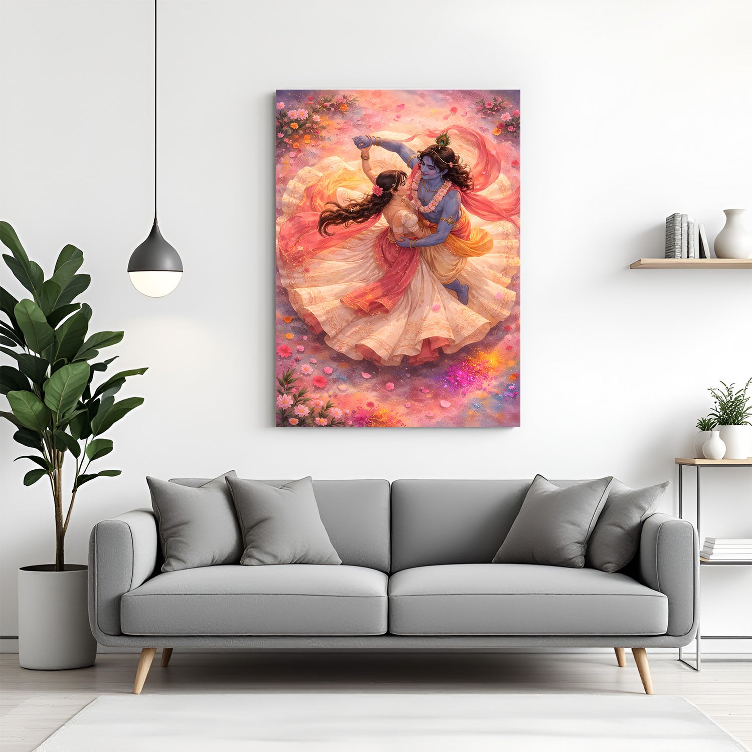 Radha Krishna dancing canvas wall art in premium canvas wrapped frame inspired by divine Raas Leela