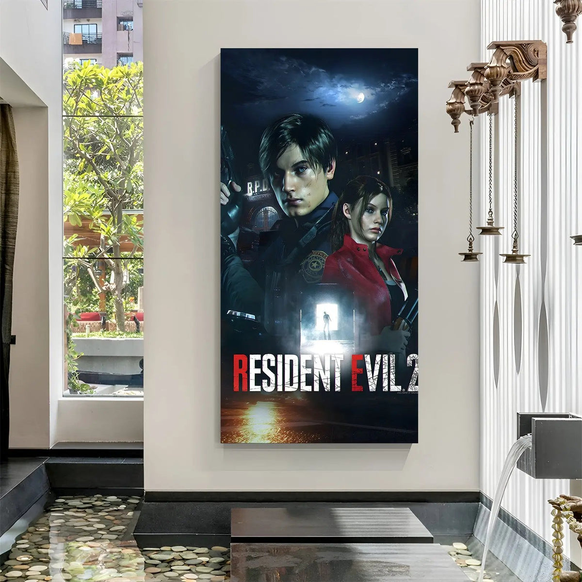 Raccoon City Nightmare canvas wall art featuring two survivors and terrifying creatures in premium canvas wrapped frame