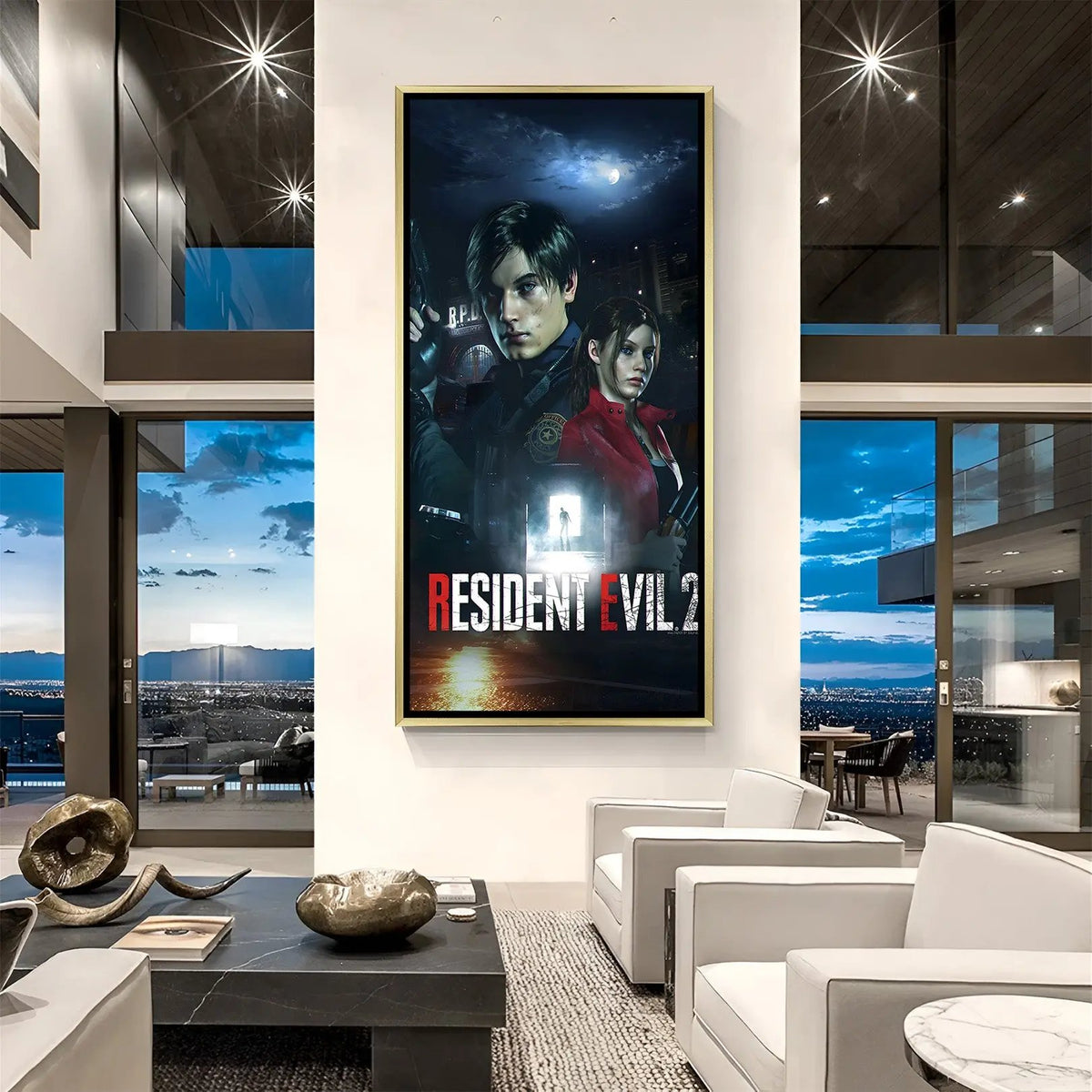 Raccoon City Nightmare artwork in luxury golden floater frame featuring dramatic horror game scene