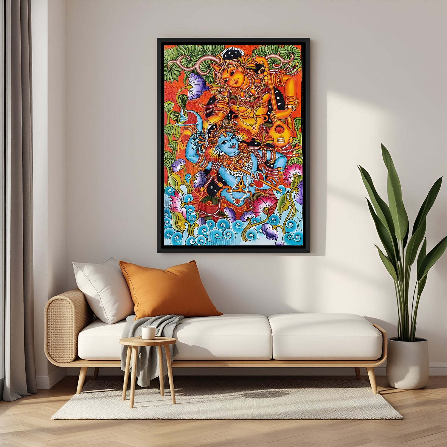 Radha Krishna Kerala mural wall painting in elegant black floater frame for spiritual interiors