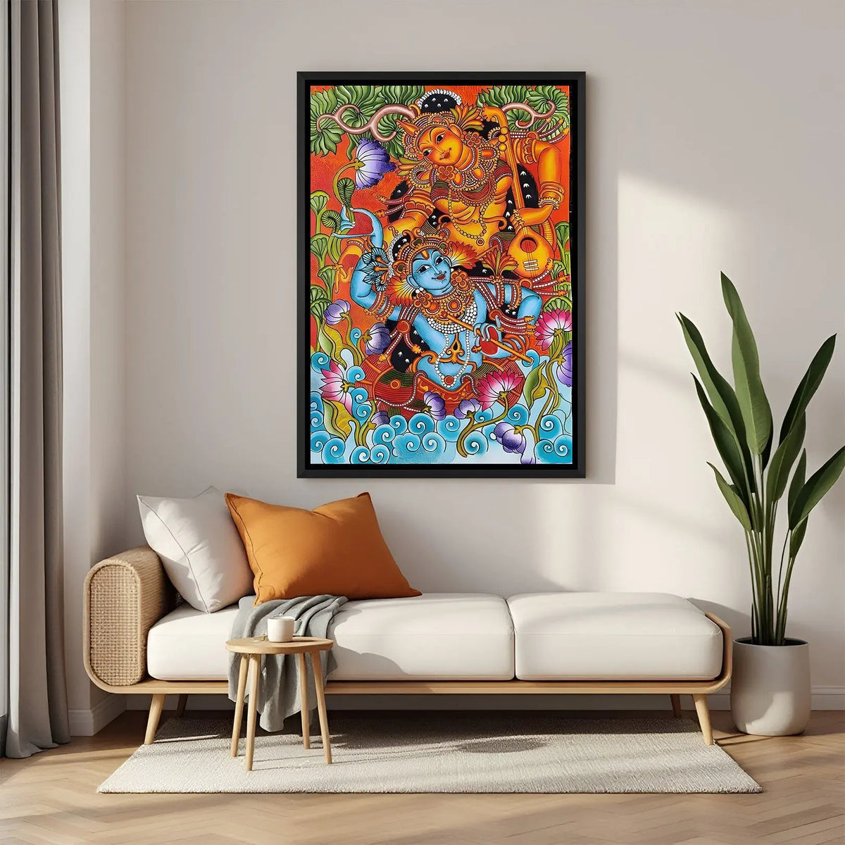 Radha Krishna Kerala mural wall painting in elegant black floater frame for spiritual interiors