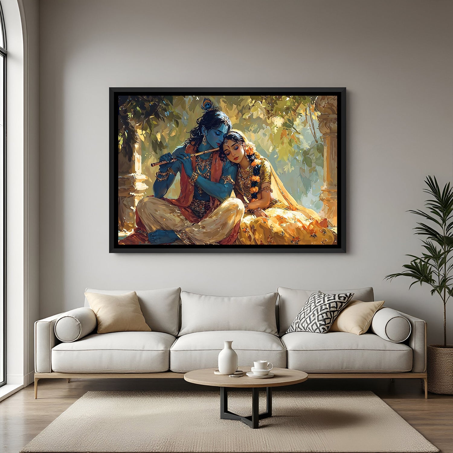 Radha Krishna framed wall art displayed above modern beige sofa.